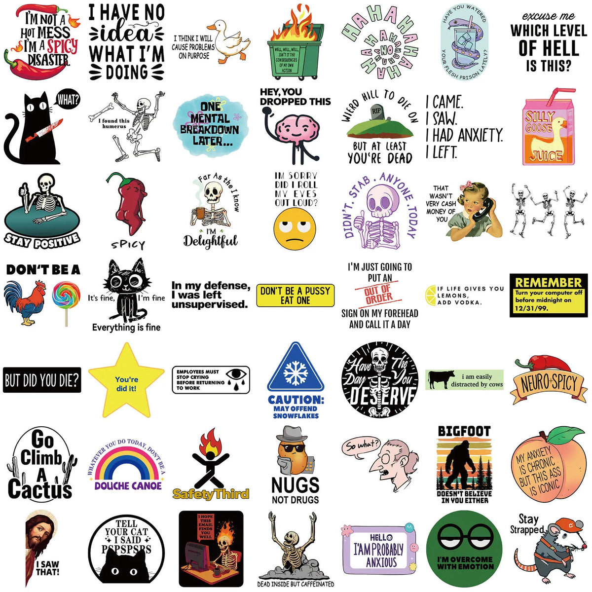 A collection of funny and snarky meme stickers featuring various humorous phrases and characters.
