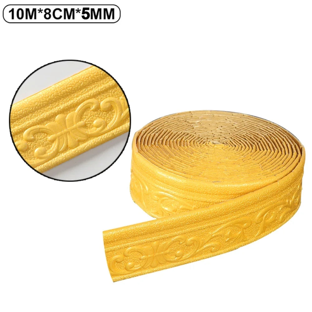 Yellow self-adhesive wall trim border featuring an ornate scroll pattern rolled into a strip