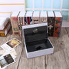 A black lock box with a gold accent is displayed alongside several books and paper items.