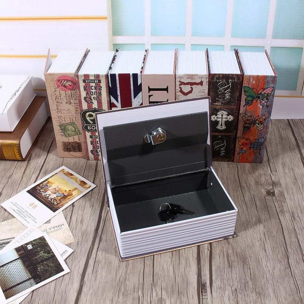 A black lock box with a gold accent is displayed alongside several books and paper items.
