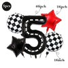 Black and red foil balloons shaped like the number 5 and a star for a celebration
