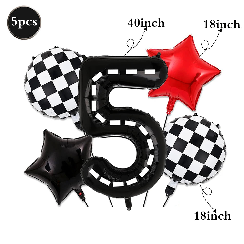 Black and red foil balloons shaped like the number 5 and a star for a celebration