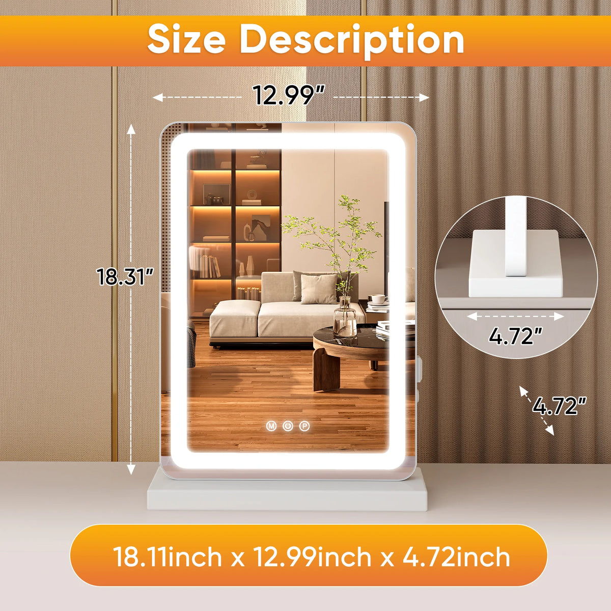 Rechteckiger dimmbarer LED-Vorspiegel mit den Maßen 18,11 x 12,99 x 4,72 Zoll.