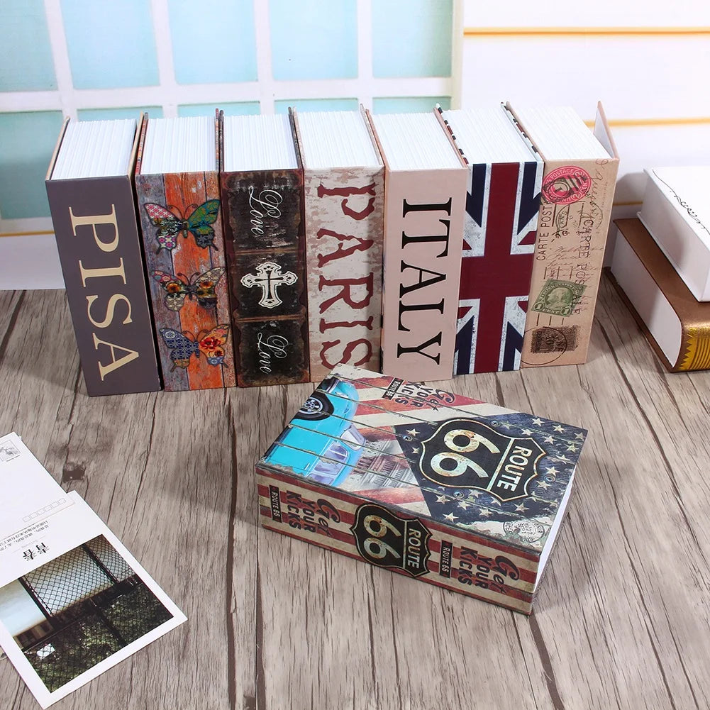 A collection of stacked dark-colored dictionary-style lock boxes featuring various country names and flags.