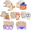 A collection of Halloween wooden ornaments featuring skulls, spiders, and pumpkins.