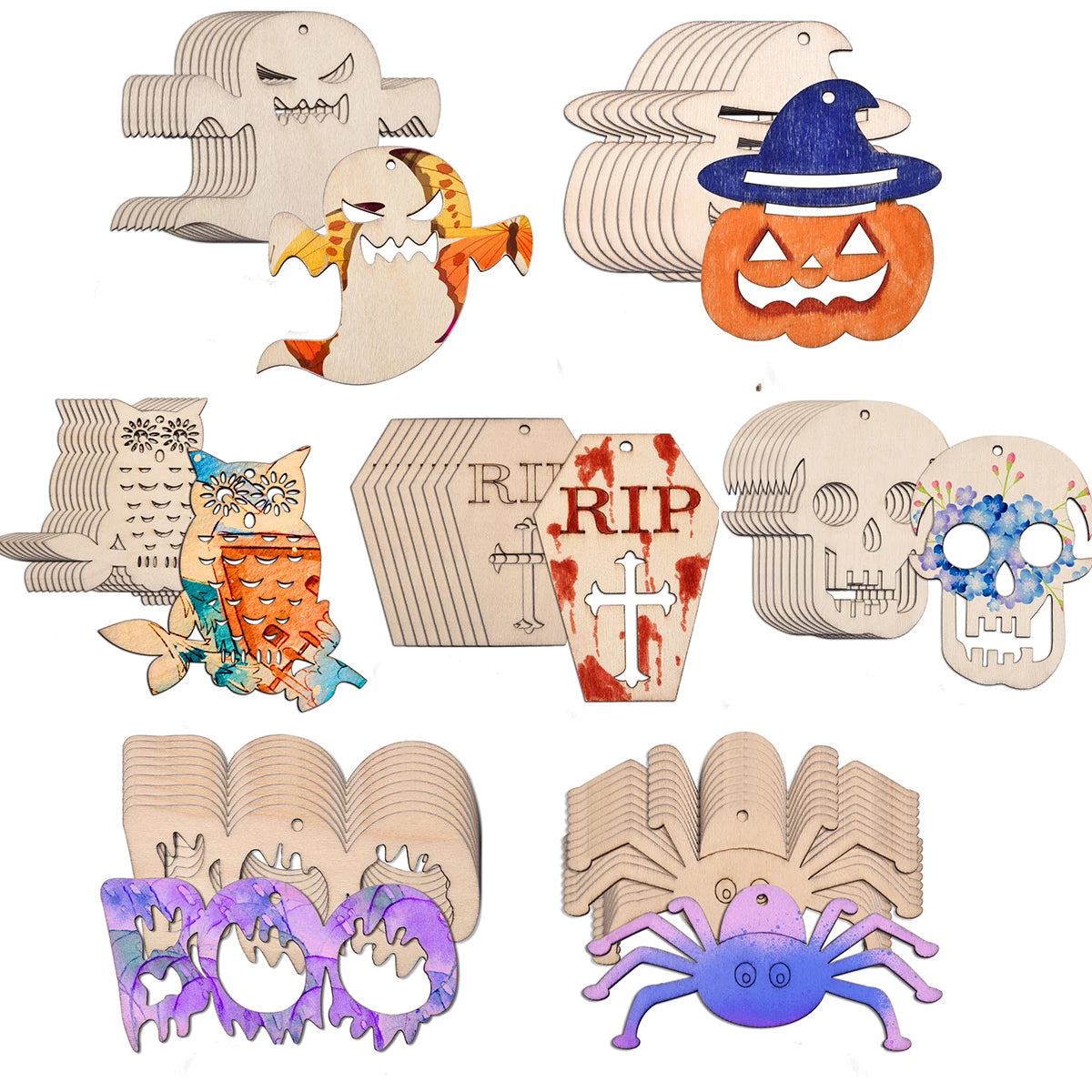 A collection of Halloween wooden ornaments featuring skulls, spiders, and pumpkins.