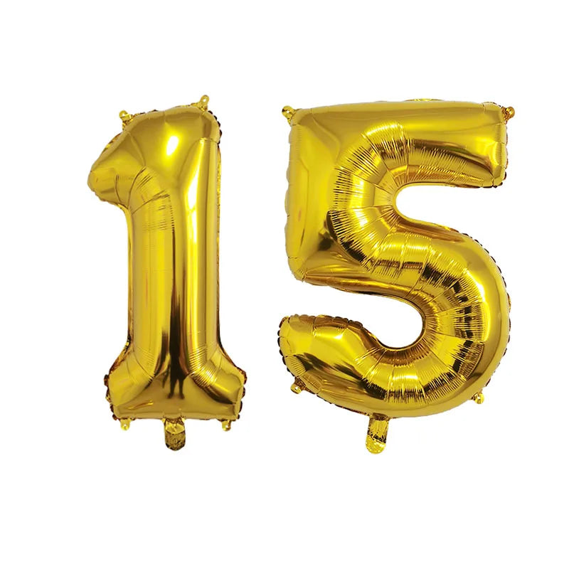 A gold foil number balloon shaped like fifteen is shown against a white background.