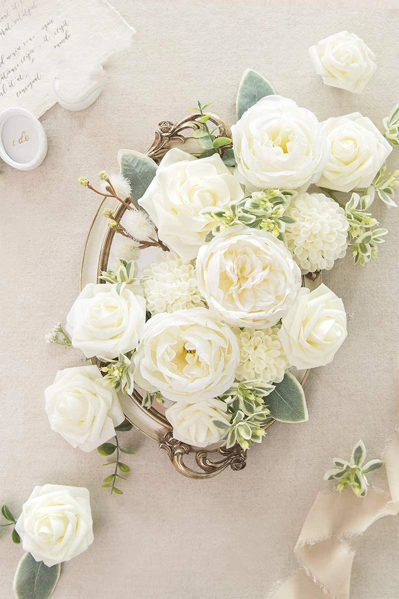 White Dahlia Artificial Flowers with Stems – 25-Piece Set for Wedding & Event Decor