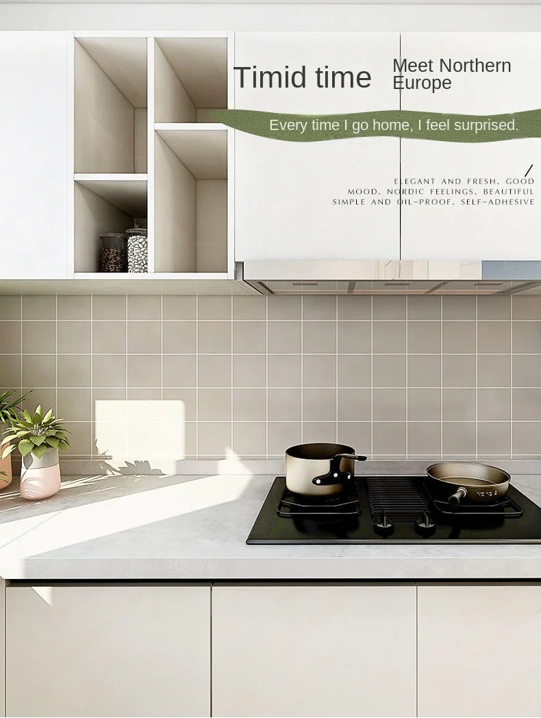 A kitchen scene showing a white cabinet with text about Timid time and Meet Northern Europe, above a countertop with cookware