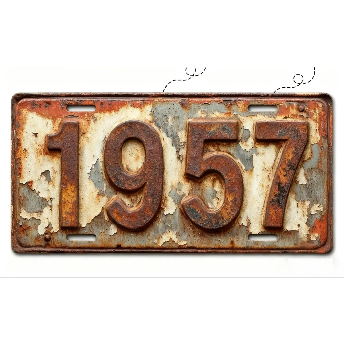 A vintage style aluminum license plate with the year 1957 showing signs of rust and weathering.