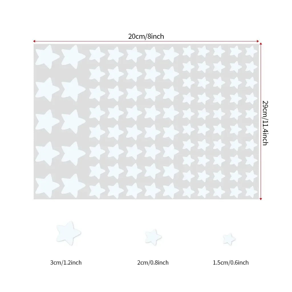 A sheet of white star wall decals with a grid pattern, showing various sizes including 3cm, 2cm, and 1.5cm stars.