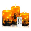 A set of orange pillar candles with flickering LED flames and a remote control for timer and mode, used for Halloween decor.