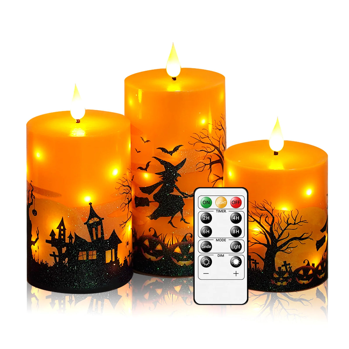 A set of orange pillar candles with flickering LED flames and a remote control for timer and mode, used for Halloween decor.