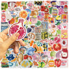 A hand holds a sheet of colorful Mediterranean aesthetic graffiti stickers on a white background.