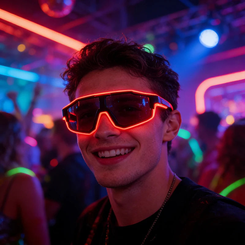 A young man wearing neon orange light up EL wire party glasses smiles in a dimly lit party environment.