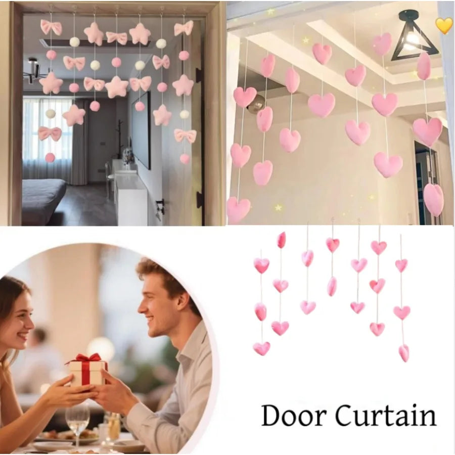 Pink tassel door curtain featuring heart and star decorations hanging in a doorway.