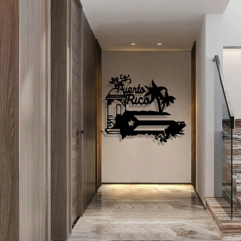 A rustic iron wall hanging featuring a silhouette of a building and palm tree against a light wall.
