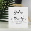 A white rectangular ornament featuring the scripture God is within Her She will not fall from Psalm 46:5
