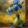 A still life painting featuring blue flowers in a green vase on a wooden windowsill.