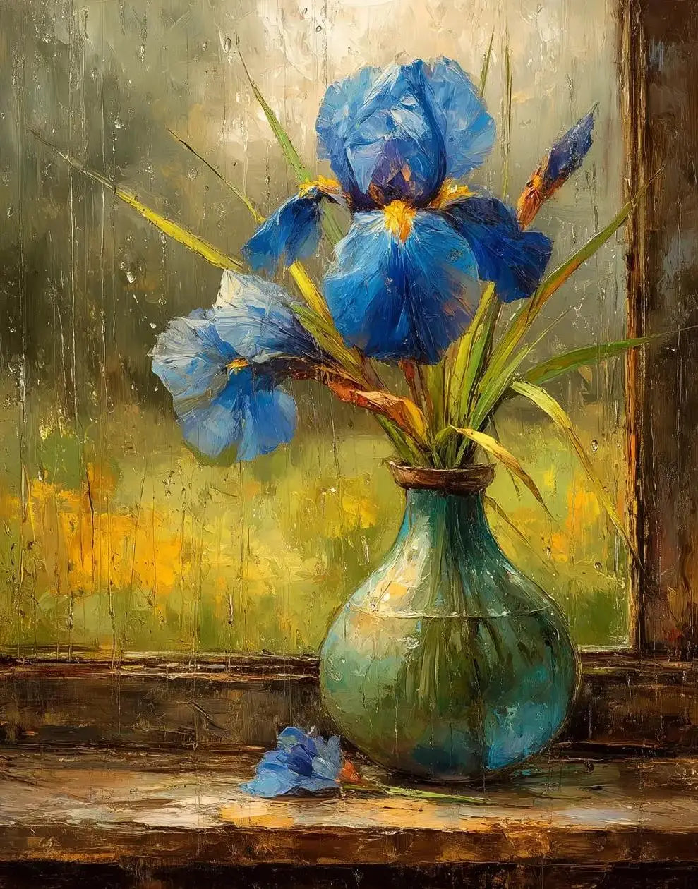 A still life painting featuring blue flowers in a green vase on a wooden windowsill.