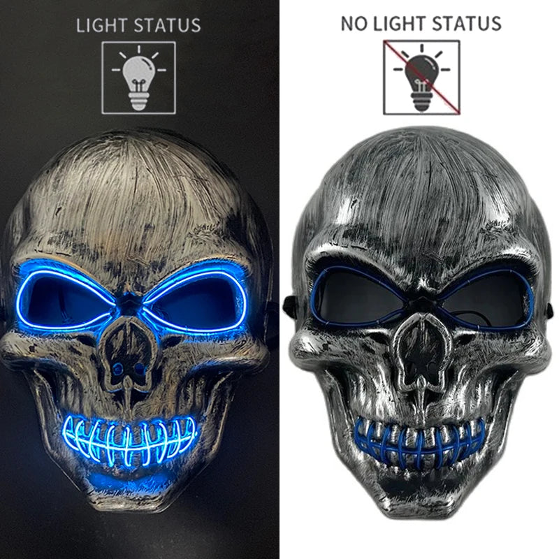 A realistic latex skull mask with glowing blue eyes and teeth, shown in both light and no light status.