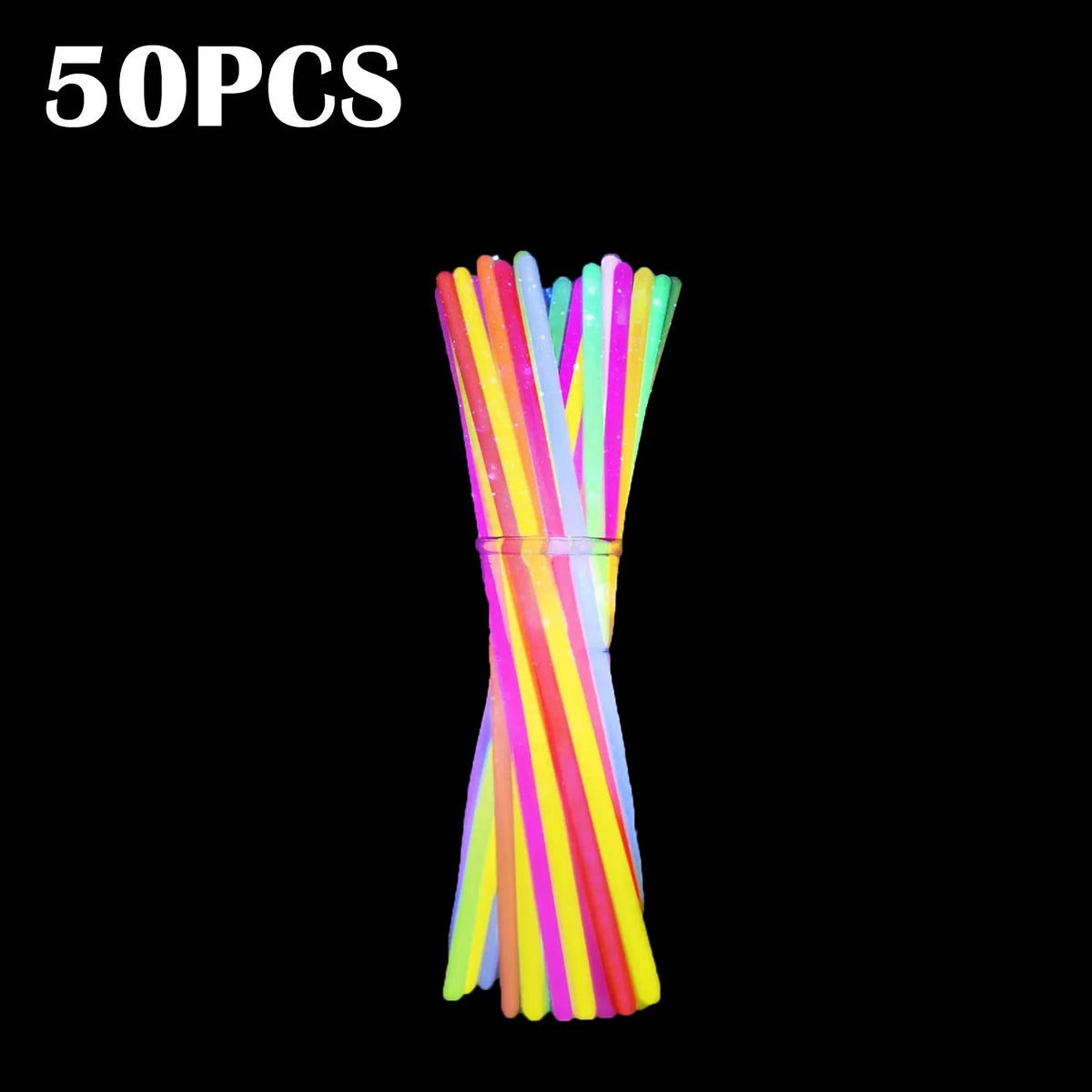 A bundle of colorful glow sticks in various neon colors, including pink, green, and yellow.