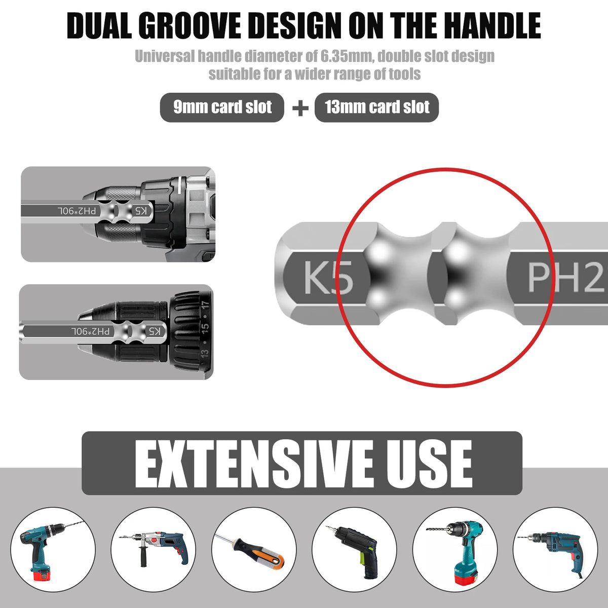 Dual groove design impact screwdriver bit set with 9mm and 13mm card slots