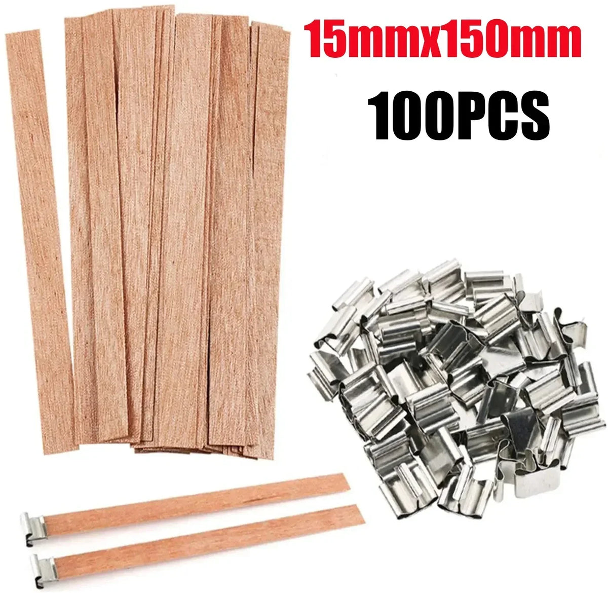 100 chevilles en bois de 15x150mm pour bougies à la cire de soja