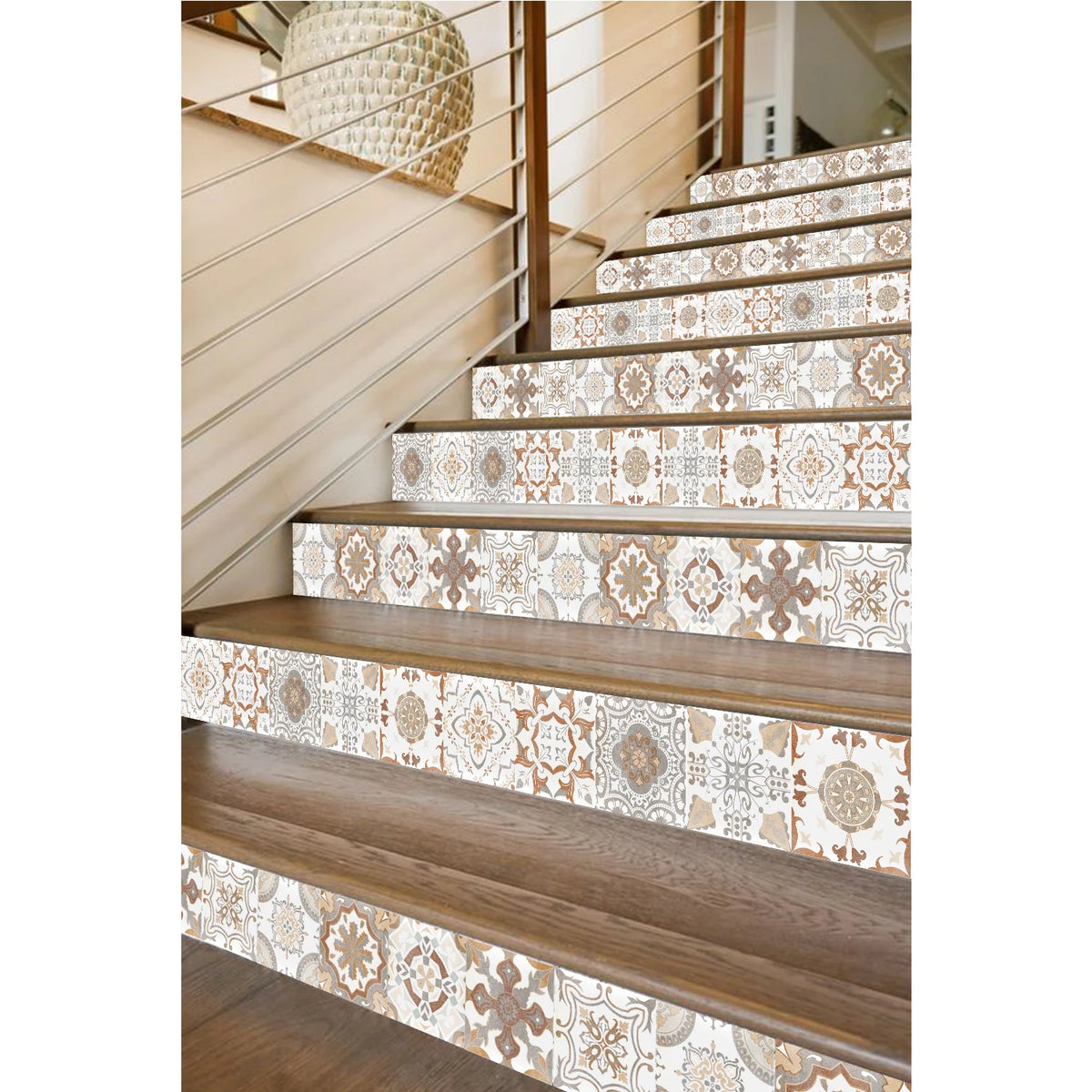 A close-up view of a staircase featuring decorative tile wall stickers on the risers and treads.