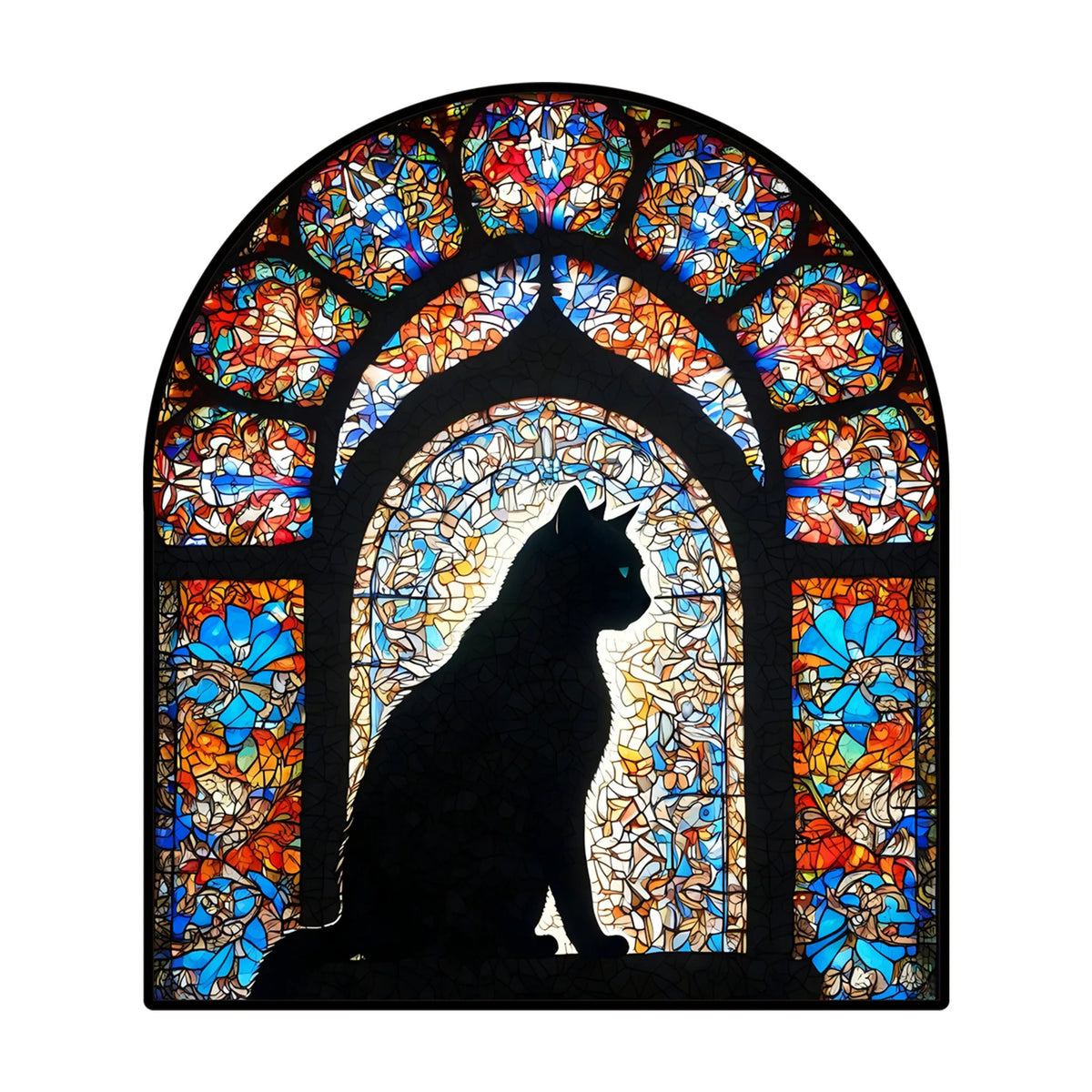 Stained glass window depicting a black cat silhouette against a colorful, intricate floral background.