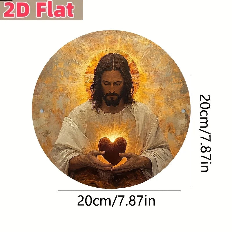 A round religious art piece depicting Jesus with a glowing sacred heart, suitable for wall decor.