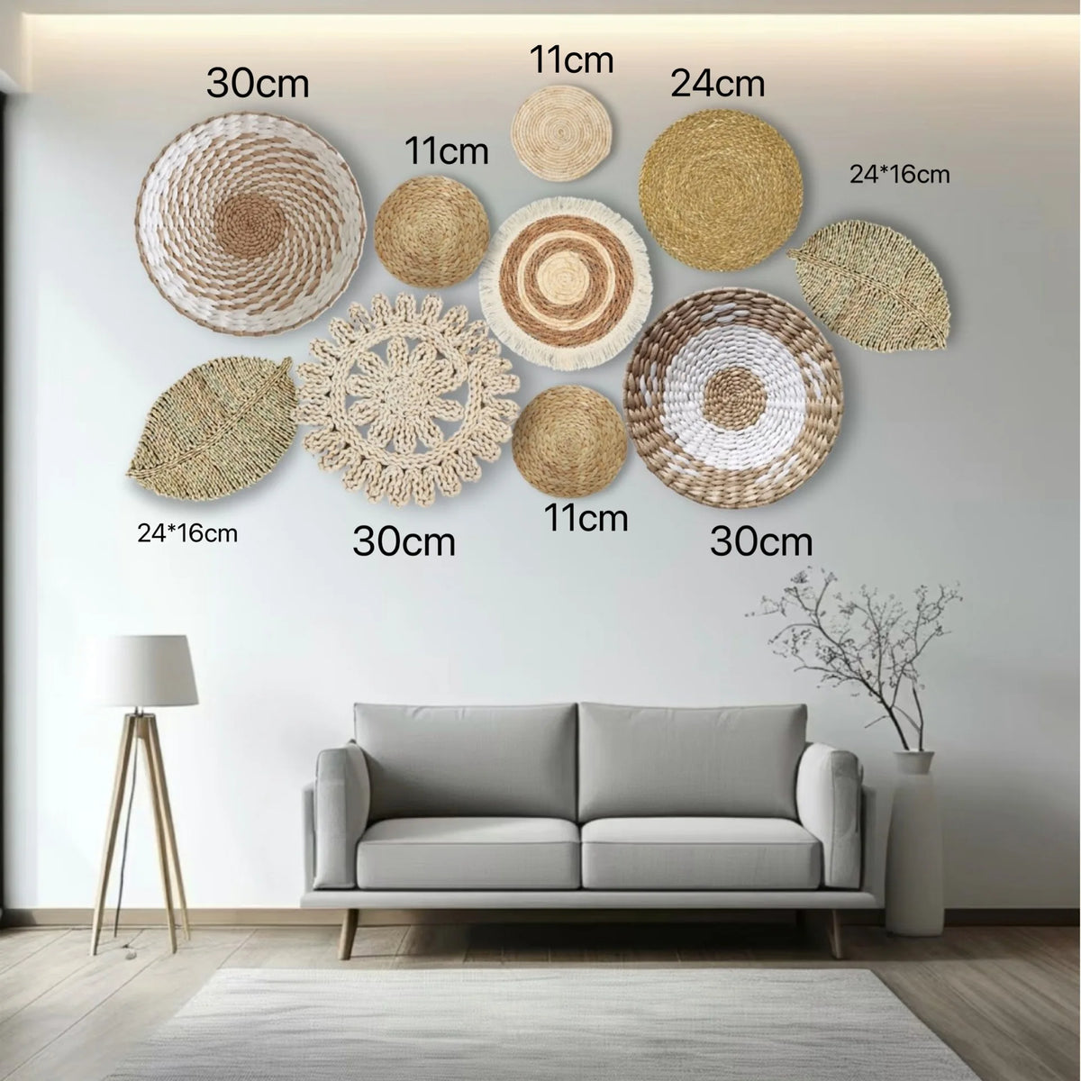 A gallery wall featuring various round straw and woven natural fiber wall hangings in beige and tan tones.