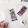 A vertical transparent plastic organizer holding several photocards and a sheet of clear protective film.