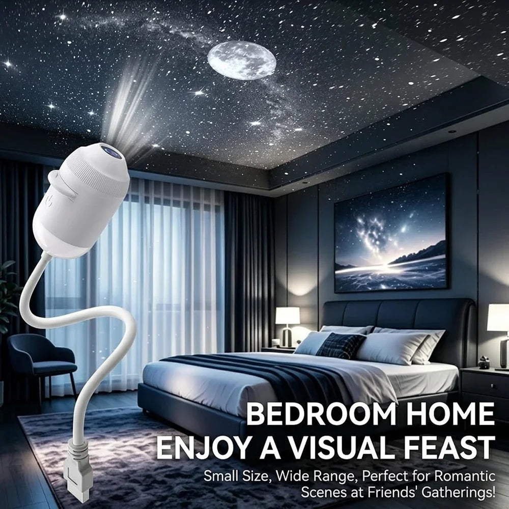 A white projector night light illuminates a bedroom ceiling with stars and the moon, set in a modern room.