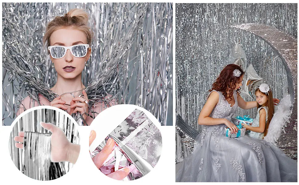 A young girl and woman posing in front of a silver metallic foil fringe curtain backdrop with silver sunglasses and decorativ