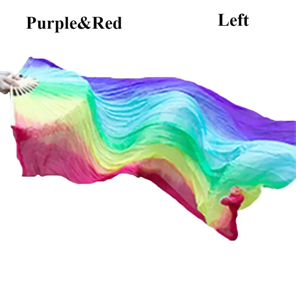 A purple and red silk ribbon dance fan showing a vibrant gradient of colors.