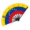 A folding cheering fan with a yellow and blue design featuring stars and a flag motif.