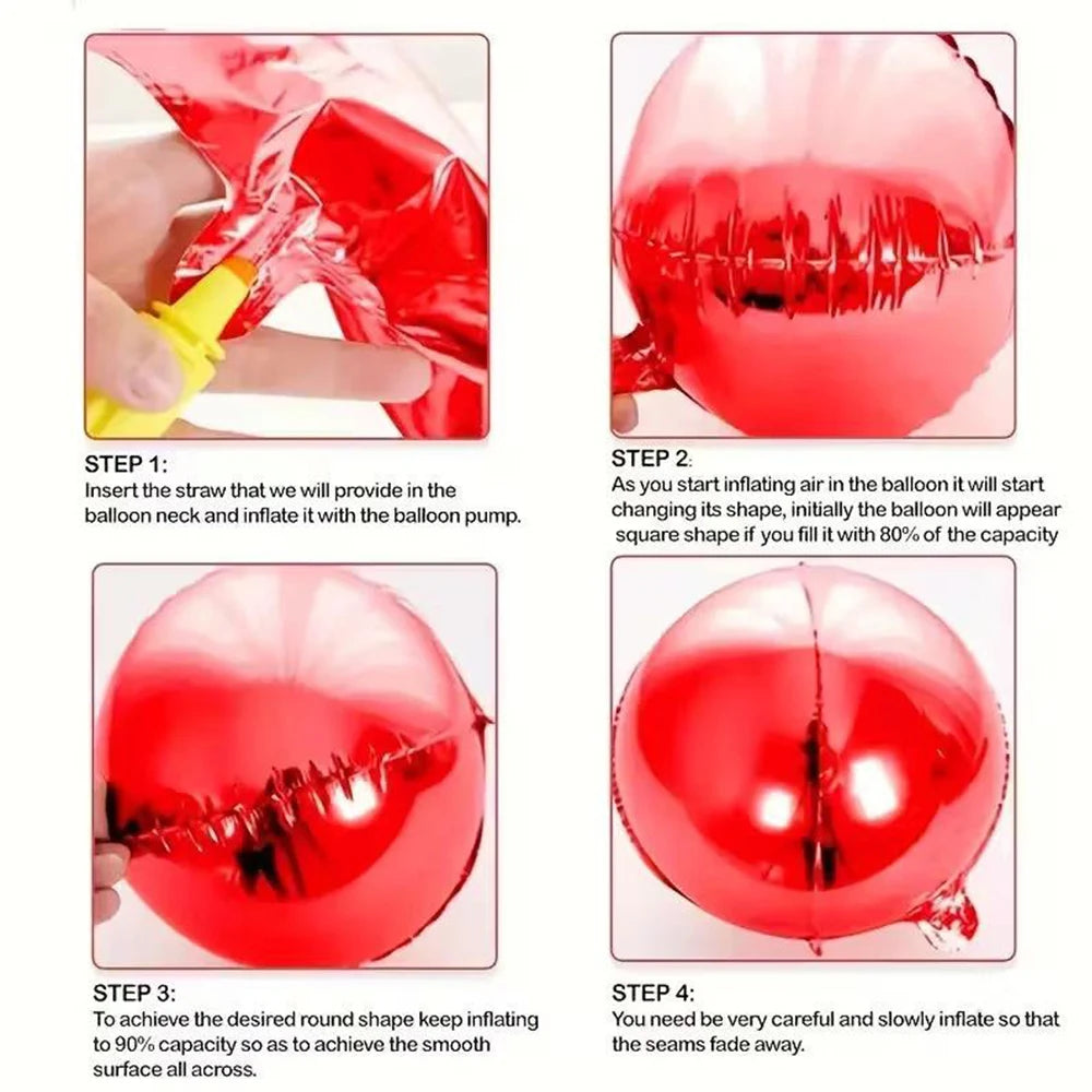 Instructions showing how to inflate and shape a glossy red round foil balloon