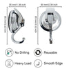 A set of heavy duty reusable suction cup hooks shown with dimensions and features like no drilling and smooth edges.