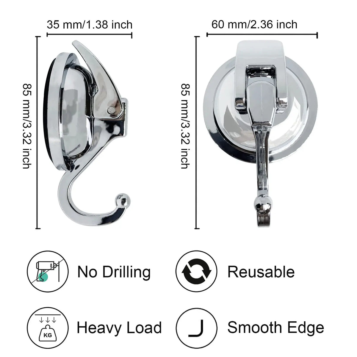 A set of heavy duty reusable suction cup hooks shown with dimensions and features like no drilling and smooth edges.