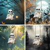 A set of spooky Halloween ghost and skeleton figures hanging decor on a rustic wooden rope.