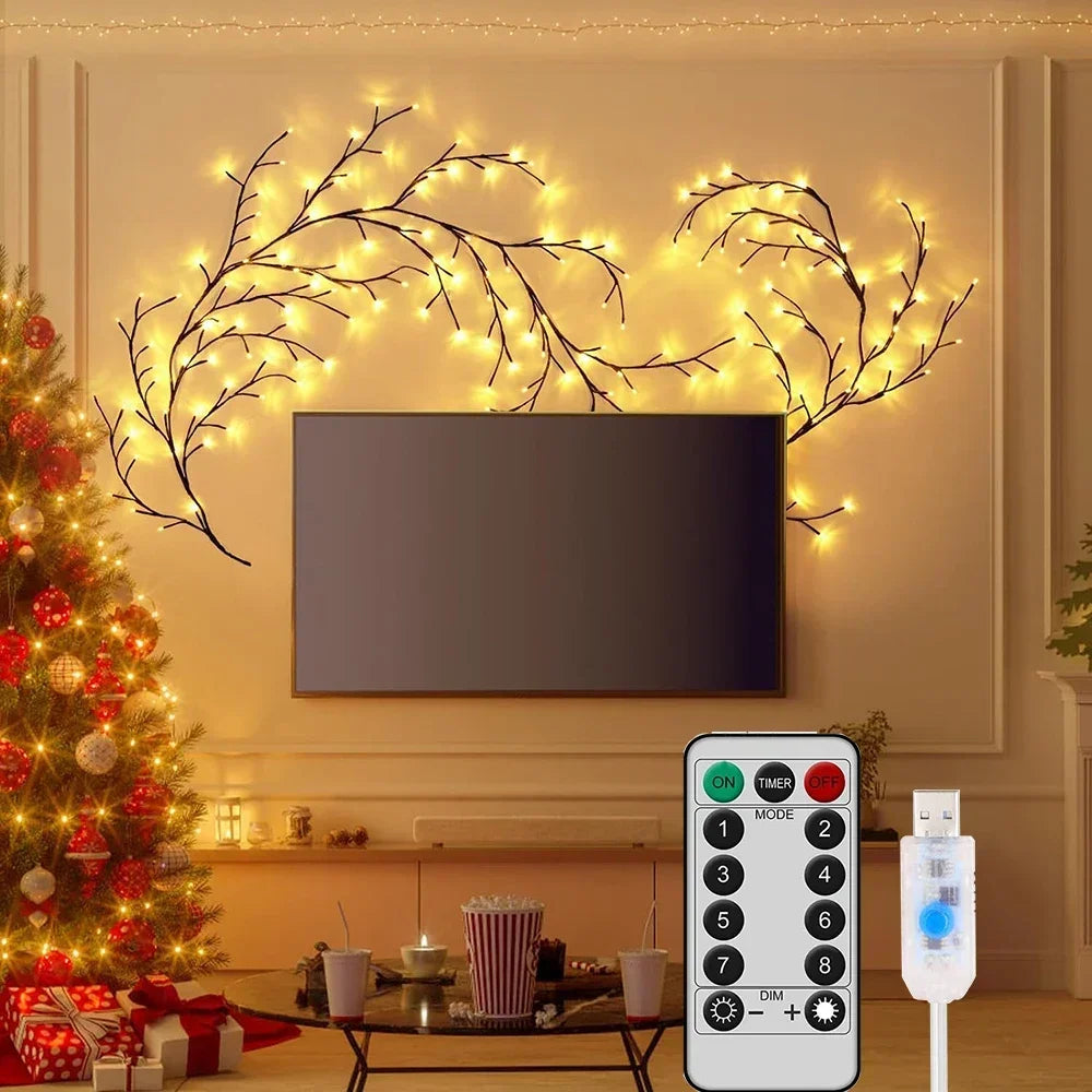 Flexible willow branch LED lights illuminating a television and Christmas tree display