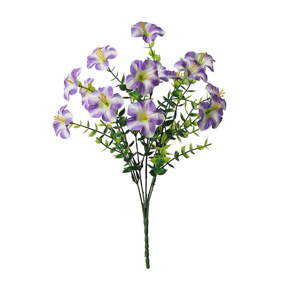 A bouquet of artificial silk purple and green flowers on a stem for home decor
