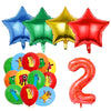 A set of colorful foil balloons and a large orange balloon shaped like the number two for a birthday party decoration.