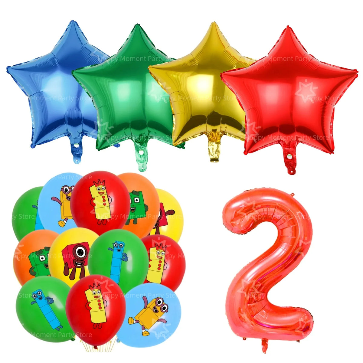 A set of colorful foil balloons and a large orange balloon shaped like the number two for a birthday party decoration.