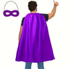 A purple adult superhero cape and eye mask costume set displayed on a person.