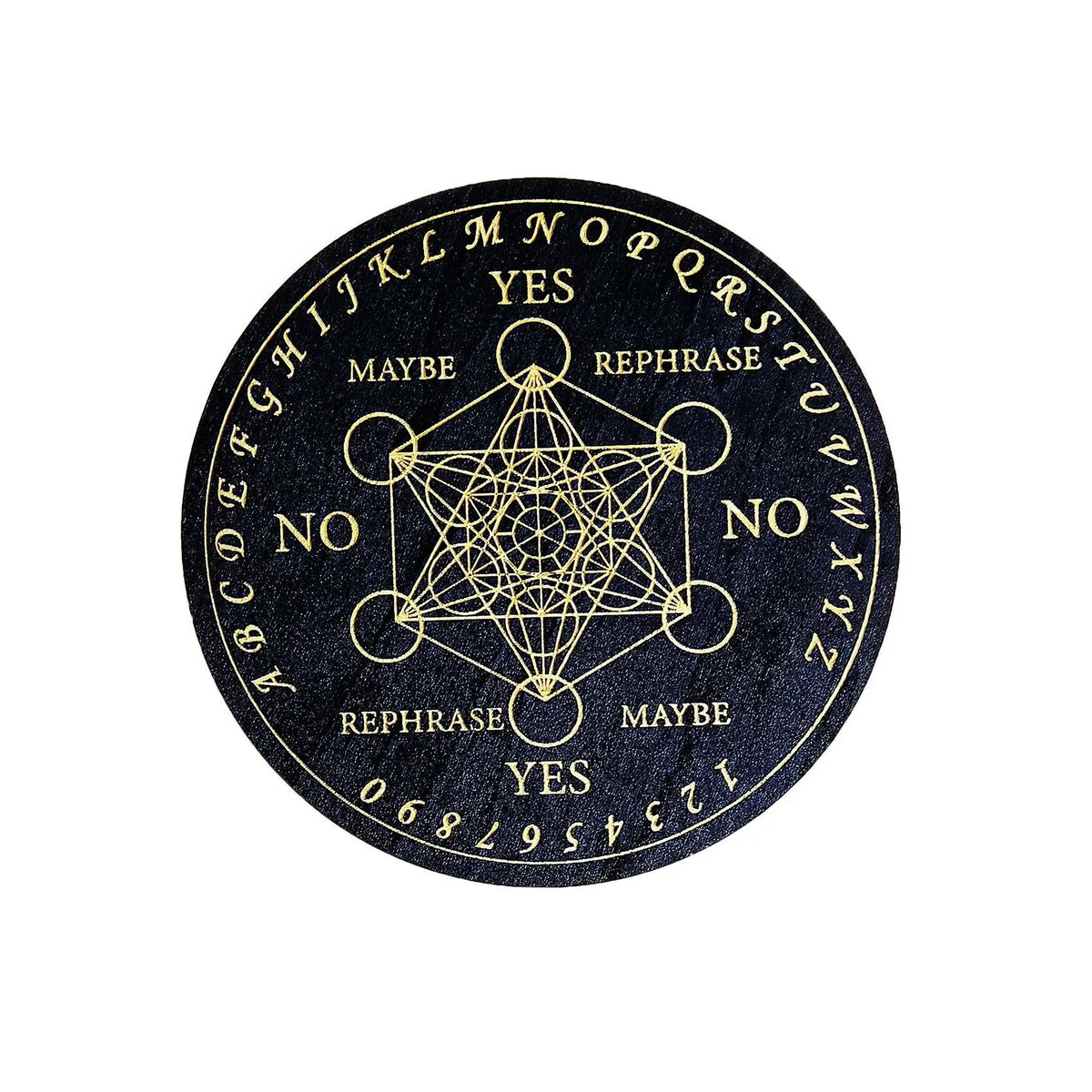 A black circular board with letters and words arranged in a geometric pattern for divination or meditation.