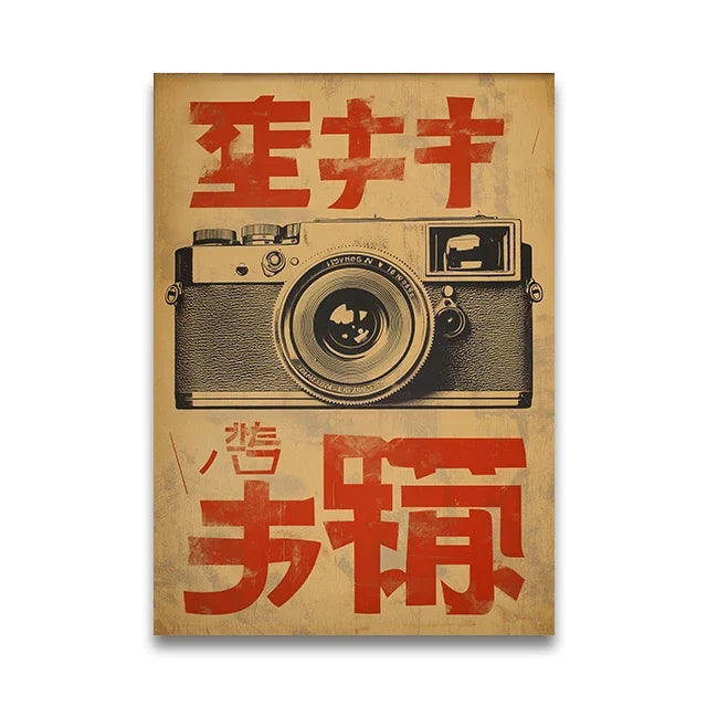 Vintage Japanese style canvas wall art featuring red and black text and an old camera print.