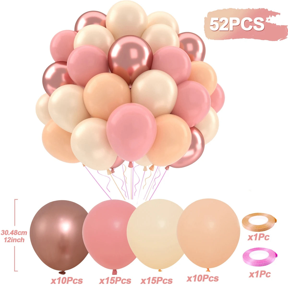 A pack of 52 metallic pearl and matte pink balloons for party decor, including various sizes and confetti accents.