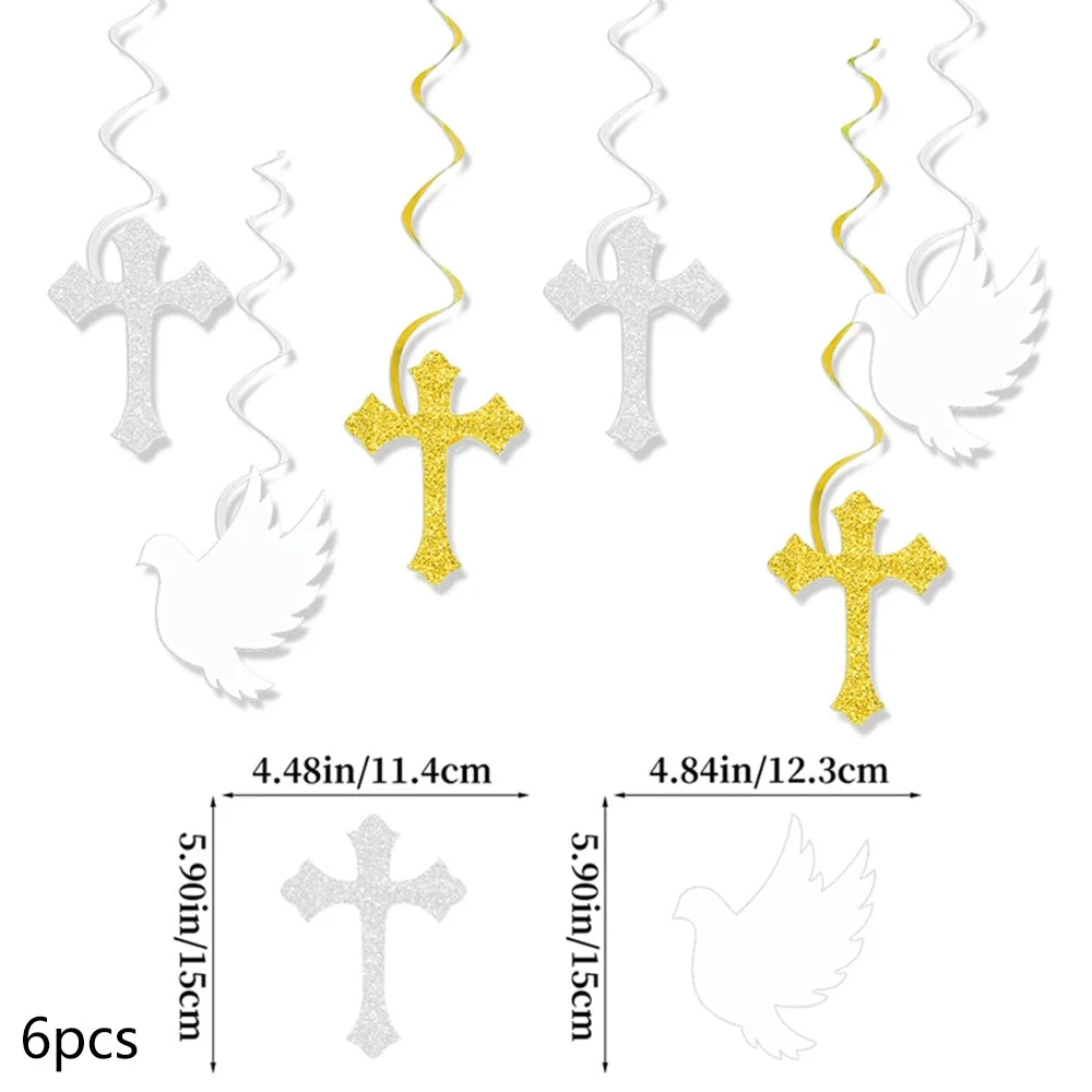 A set of four gold and silver crosses and a dove decoration for faith and celebration party decor